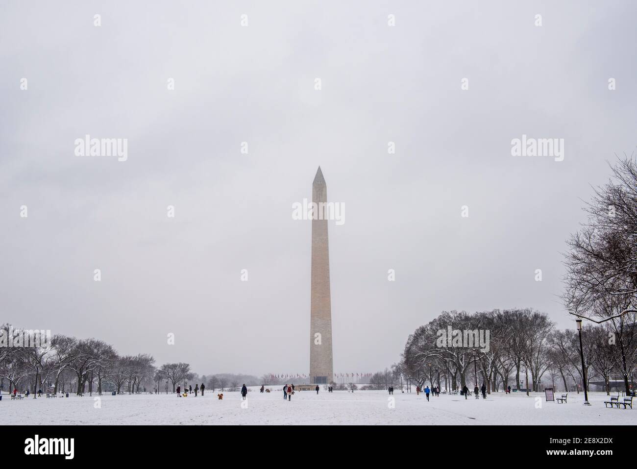 Il Washington Monument e il National Mall, durante una giornata di neve a Washington, D.C. Foto Stock