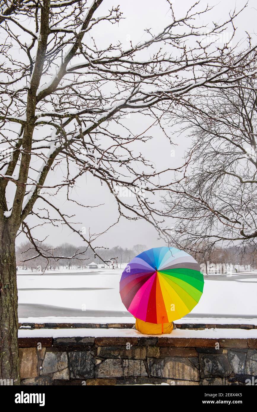 Un uomo che porta un ombrello colorato visita Constitution Gardens durante una giornata innevata a Washington, D.C. Foto Stock