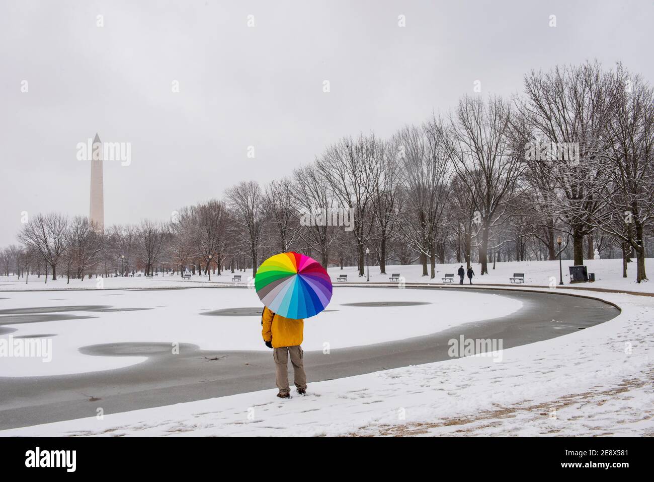 Un uomo che porta un ombrello colorato visita Constitution Gardens durante una giornata innevata a Washington, D.C. il Washington Monument può essere visto nella dista Foto Stock