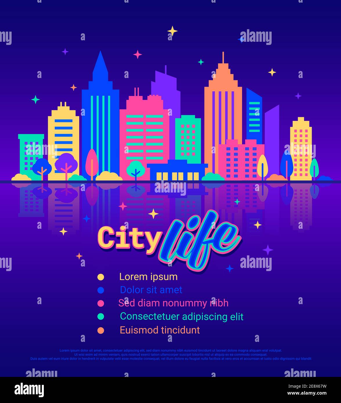 Modello di vita notturna della città. Silhouette di edifici con bagliore al neon e colori vivaci di notte. Modello di paesaggio della città nella colonna dell'elenco. Stile piatto Illustrazione Vettoriale
