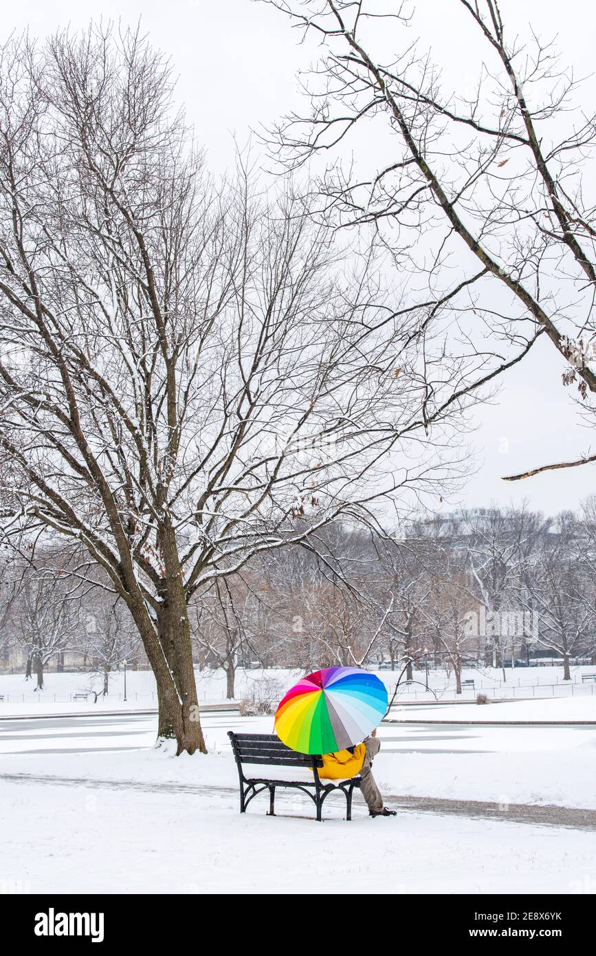 Un uomo che porta un ombrello colorato visita Constitution Gardens durante una giornata innevata a Washington, D.C. Foto Stock