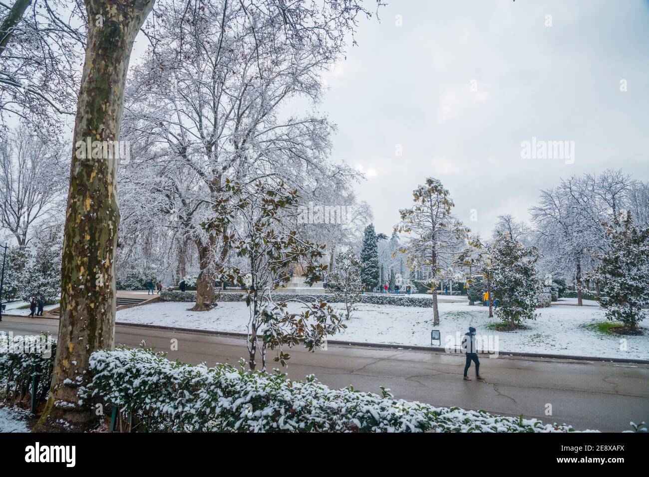 Coperta di neve il parco del Retiro. Madrid, Spagna. Foto Stock