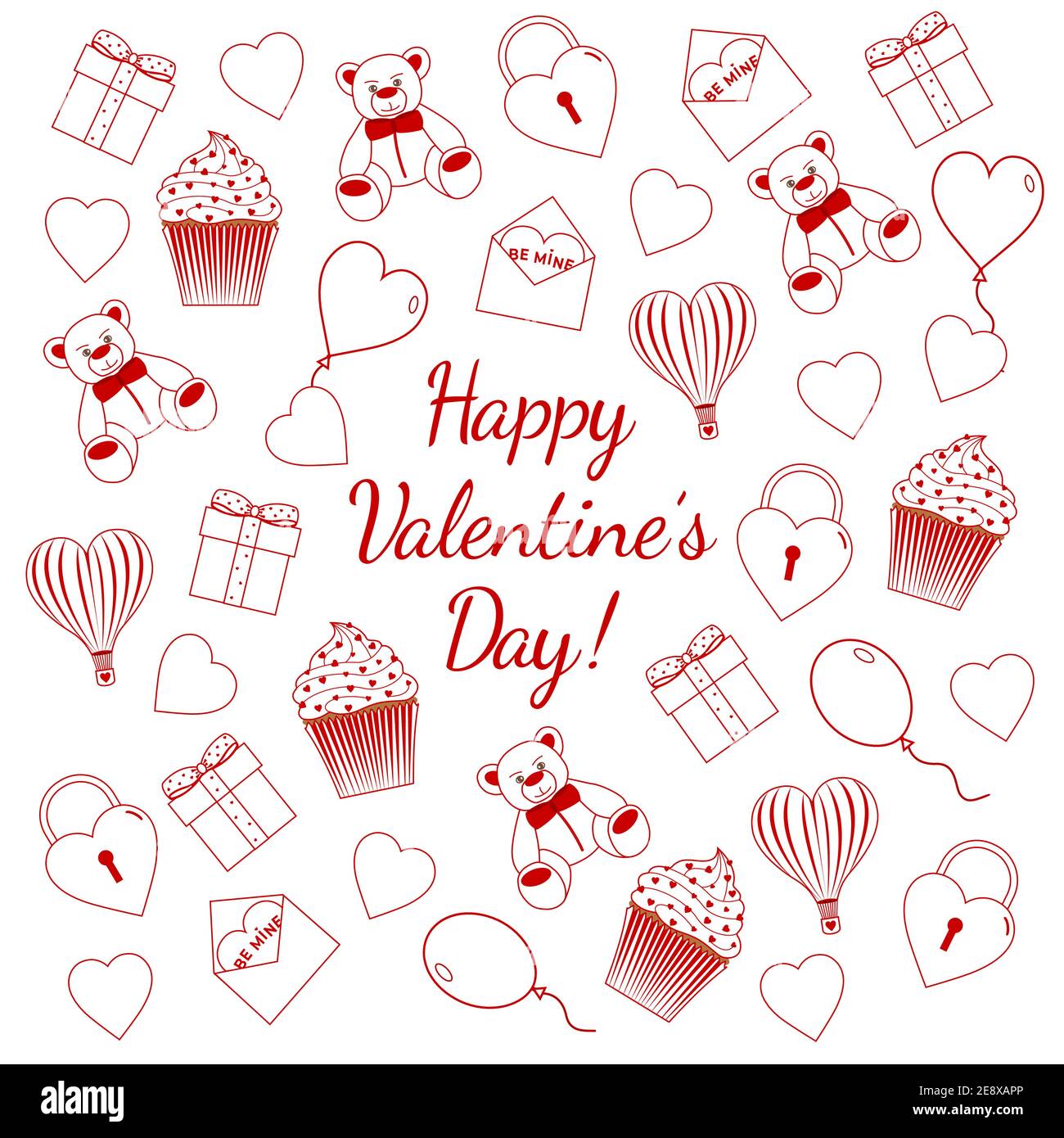 Buon giorno di San Valentino amore elementi linea rossa set su sfondo bianco. Cuori, regali, cupcakes, serrature, palloncini, orsi per compleanno, festa di nozze. VEC Illustrazione Vettoriale