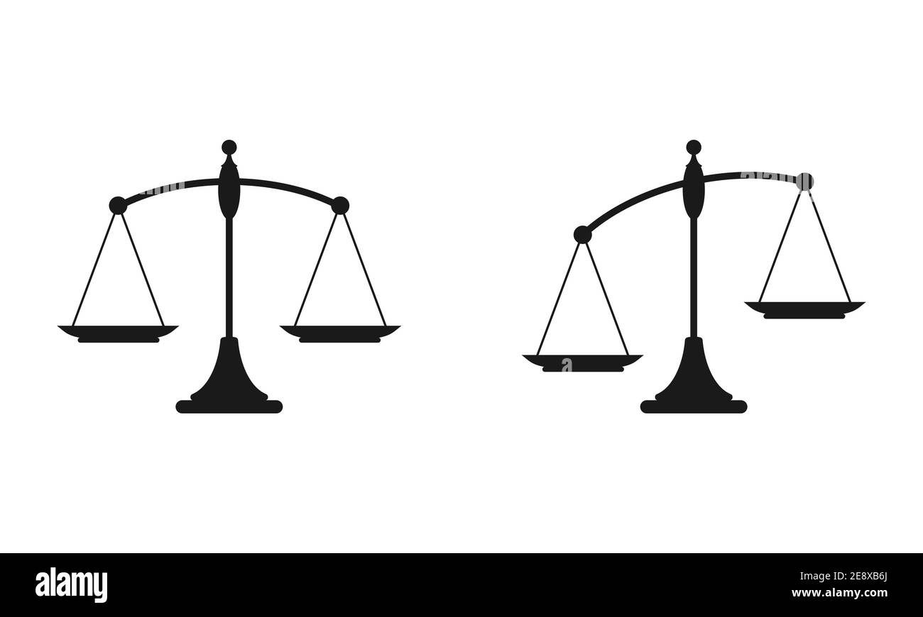Icona di bilanciamento delle scale meccaniche nere isolata su bianco. Giustizia, scala giuridica. Illustrazione vettoriale. Equilibrio di valore, soluzione e razionalità. Pro e. Illustrazione Vettoriale