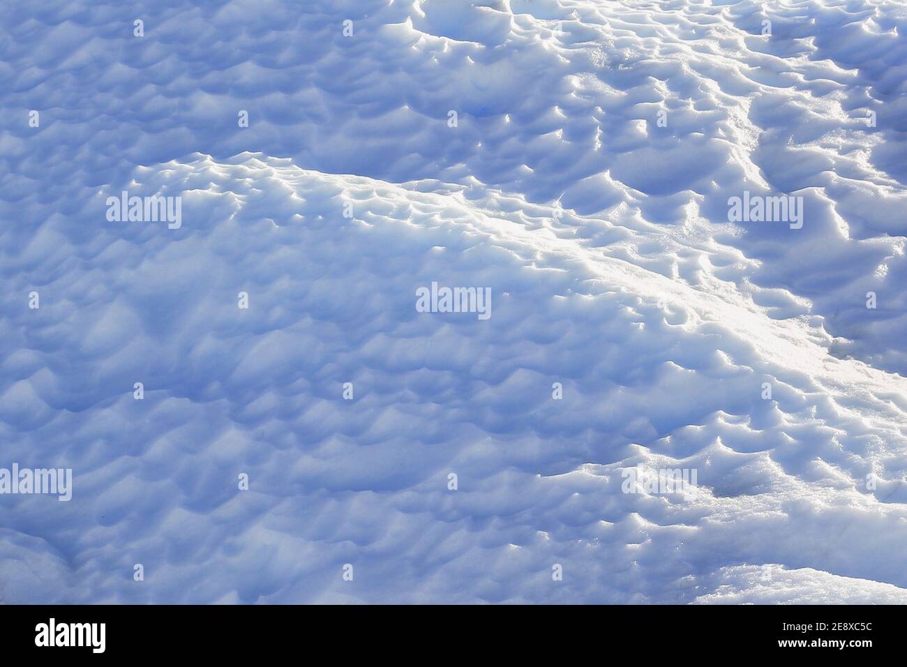 Superficie ruvida del ghiacciaio Perito Moreno fuso alla luce del sole. Varie fessure cave, forme di ghiaccio a cavità irregolare e sfumature in puro ghiaccio glaciale incontaminato Foto Stock