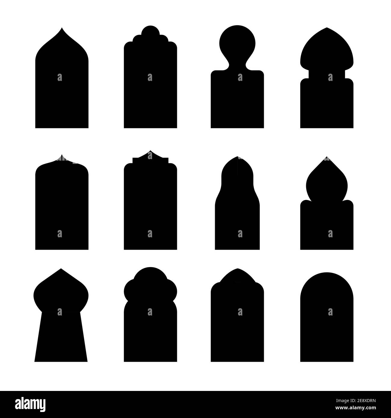 Set di profili per portiere ad arco arabo. Islam porta finestra, arabescato arabo vettore icona silhouette Illustrazione Vettoriale