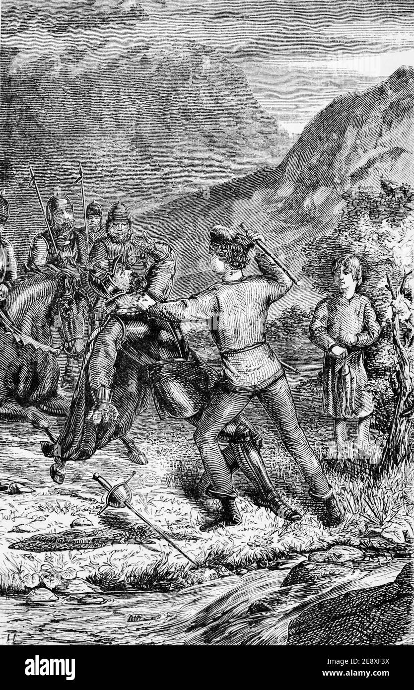 'Con questo strumento ha abbattuto il suo avversario sulla terra .... e immediatamente lo ha abbattuto' (p,40), 13 ° secolo Scozia, giovane Willam Wallace Foto Stock