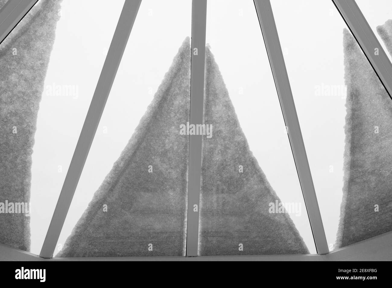primo piano immagine in bianco e nero della neve sul tetto della serra, dall'interno guardando verso l'esterno, creando un petalo e un motivo lineare di forma Foto Stock