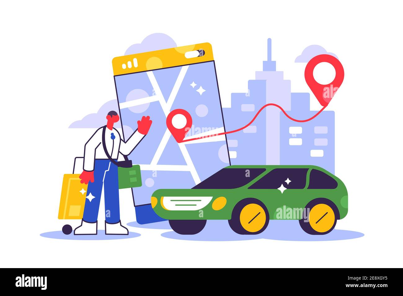 Online ordinare taxi auto, noleggio e condivisione utilizzando il servizio di telefonia mobile Illustrazione Vettoriale