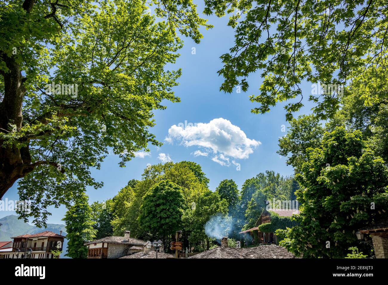 Spring Street vista ad angolo basso, tetti e cielo dalla città di Metsovo, Epiro, Grecia. La struttura è popolare stazione sciistica invernale greca con vecchie case in stile balcanico Foto Stock