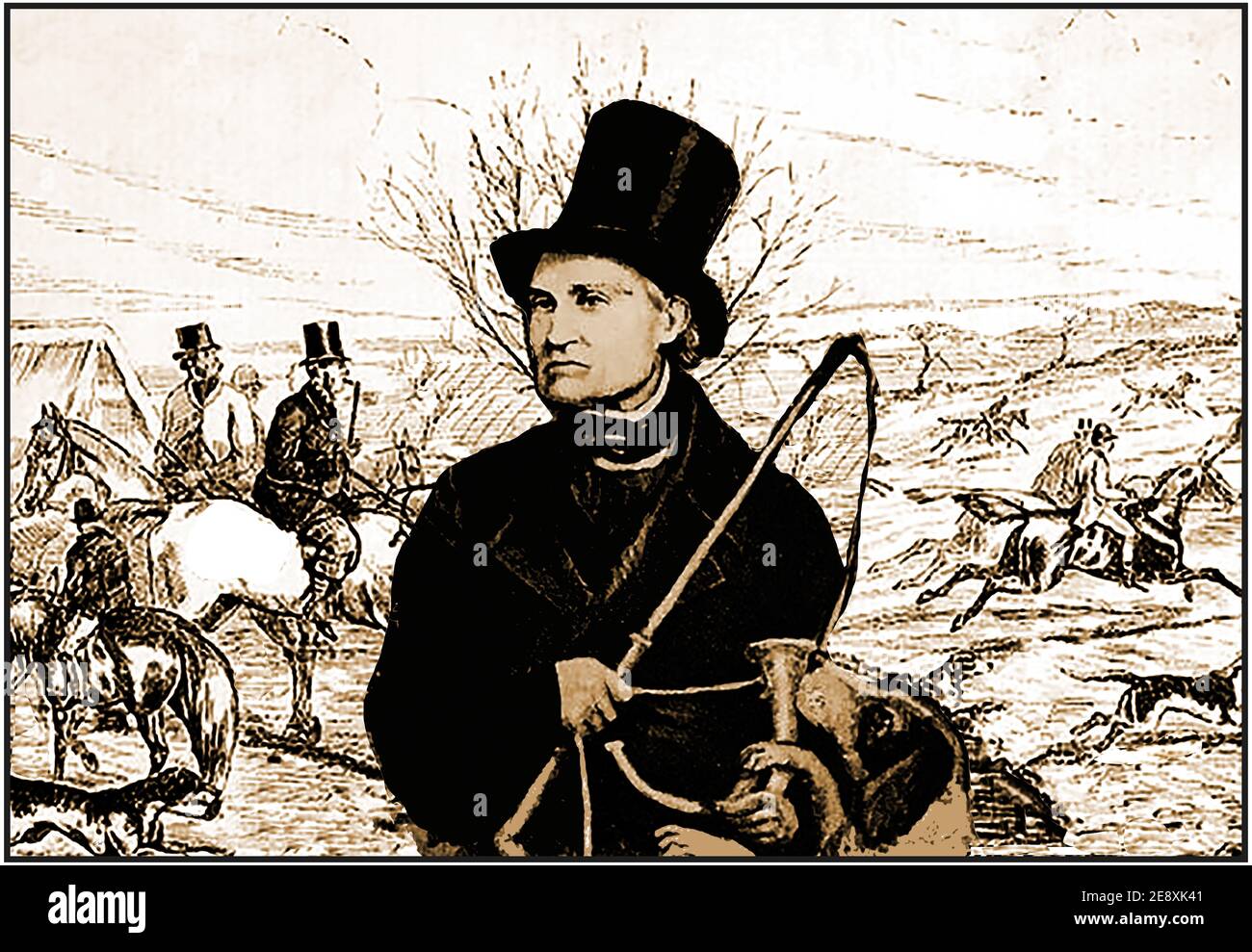 Un Ritratto di John Peel (circa 1776 -1854) , della famosa canzone di caccia popolare. Era un contadino e cacciatore di volpe che divenne famoso attraverso una canzone creata nel suo nome ( 'D'ye ken John Peel') - 'ken' che significa 'sapere' nel nord dell'Inghilterra e della Scozia. È stato scritto o adattato dal suo amico John Woodcock Graves (1795–1886) in celebrazione del suo amico John Woodcock Graves (1776–1854 durante la vita di John Peel. Sono note diverse versioni. È considerato da alcuni come l'inno non ufficiale di Cumberland nonostante la caccia alla volpe sia ora un argomento controverso in Gran Bretagna. Foto Stock