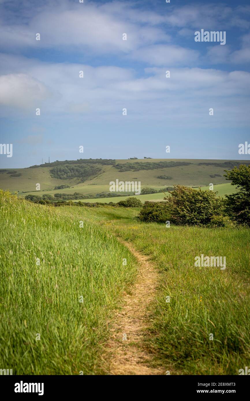 Un sentiero attraverso la campagna del Sussex, in una soleggiata giornata di primavera Foto Stock