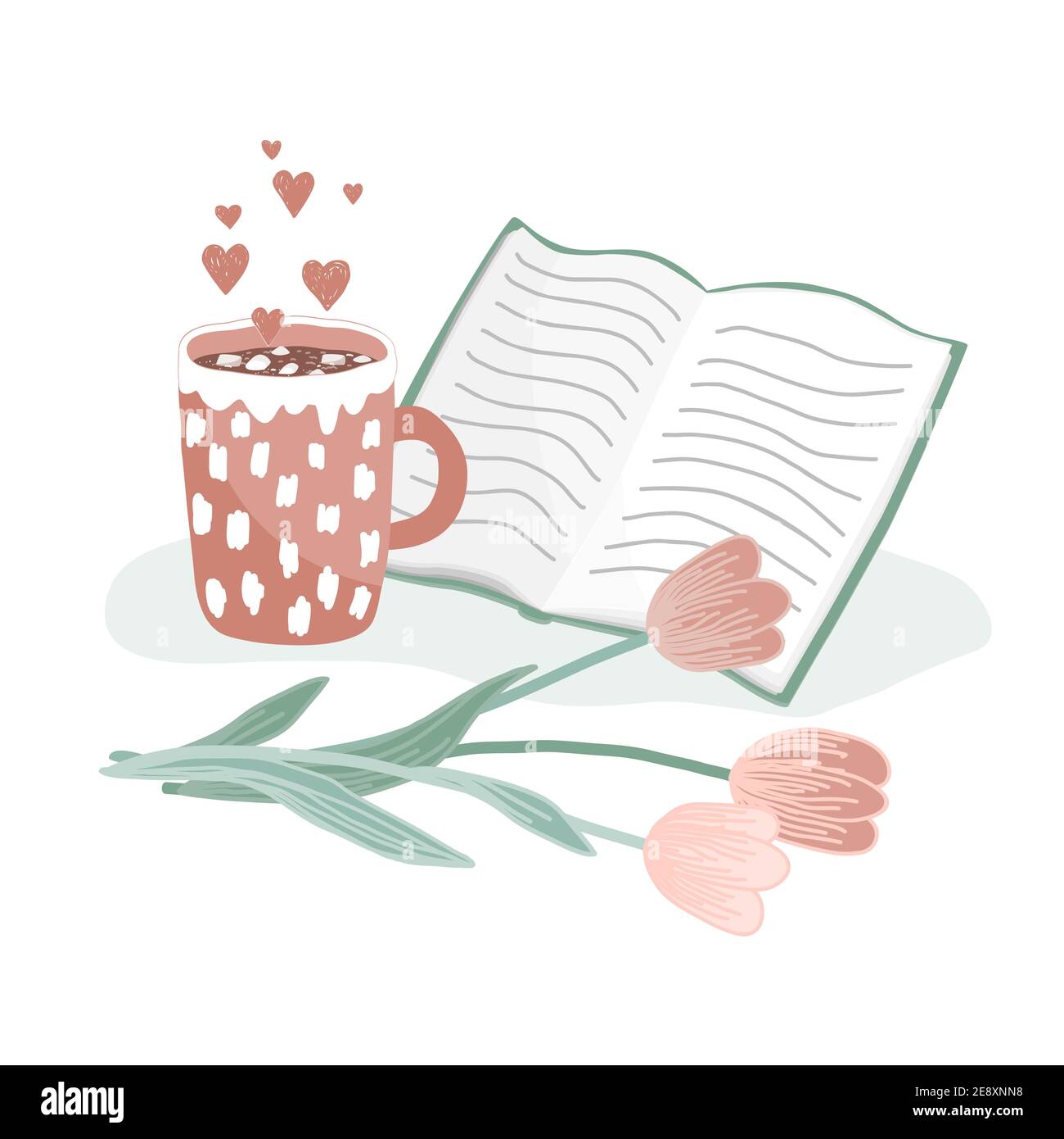 Una tazza di cacao caldo con marshmallow, libro aperto e tulipani. Concetto di amore, igge, e mattina felice. Illustrazione vettoriale del disegno manuale Illustrazione Vettoriale