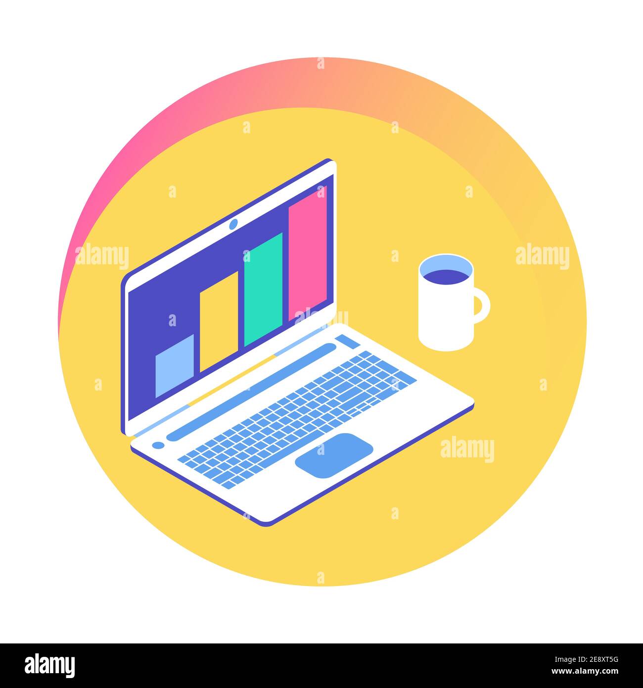 Computer portatile per ufficio e una tazza di caffè. Grafico di crescita finanziaria sullo schermo del computer. Concetto di ambiente di lavoro. Illustrazione colorata isometrica. Illustrazione Vettoriale