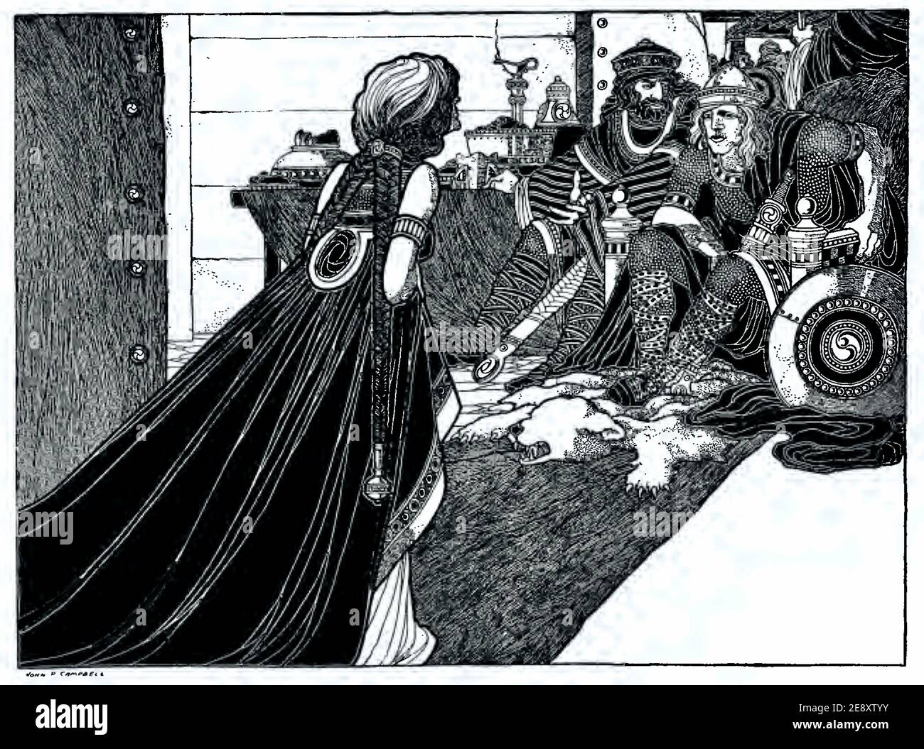 Illustrazione di John Patrick Campbell d'epoca intitolata l'incontro di Mirir E Tain dai romanzi celtici Foto Stock
