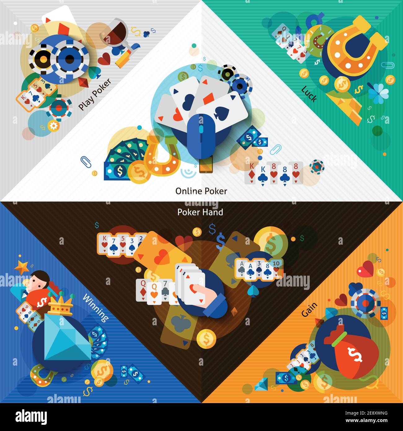 Gli angoli del poker sono impostati con gioco di fortuna ed elementi di gioco d'azzardo isolati illustrazione vettoriale Illustrazione Vettoriale