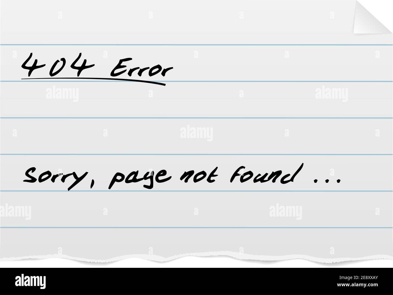 404 modello di pagina di errore, pezzo di carta rigata strappata dal blocco note con illustrazione vettoriale del testo scritto a mano Illustrazione Vettoriale