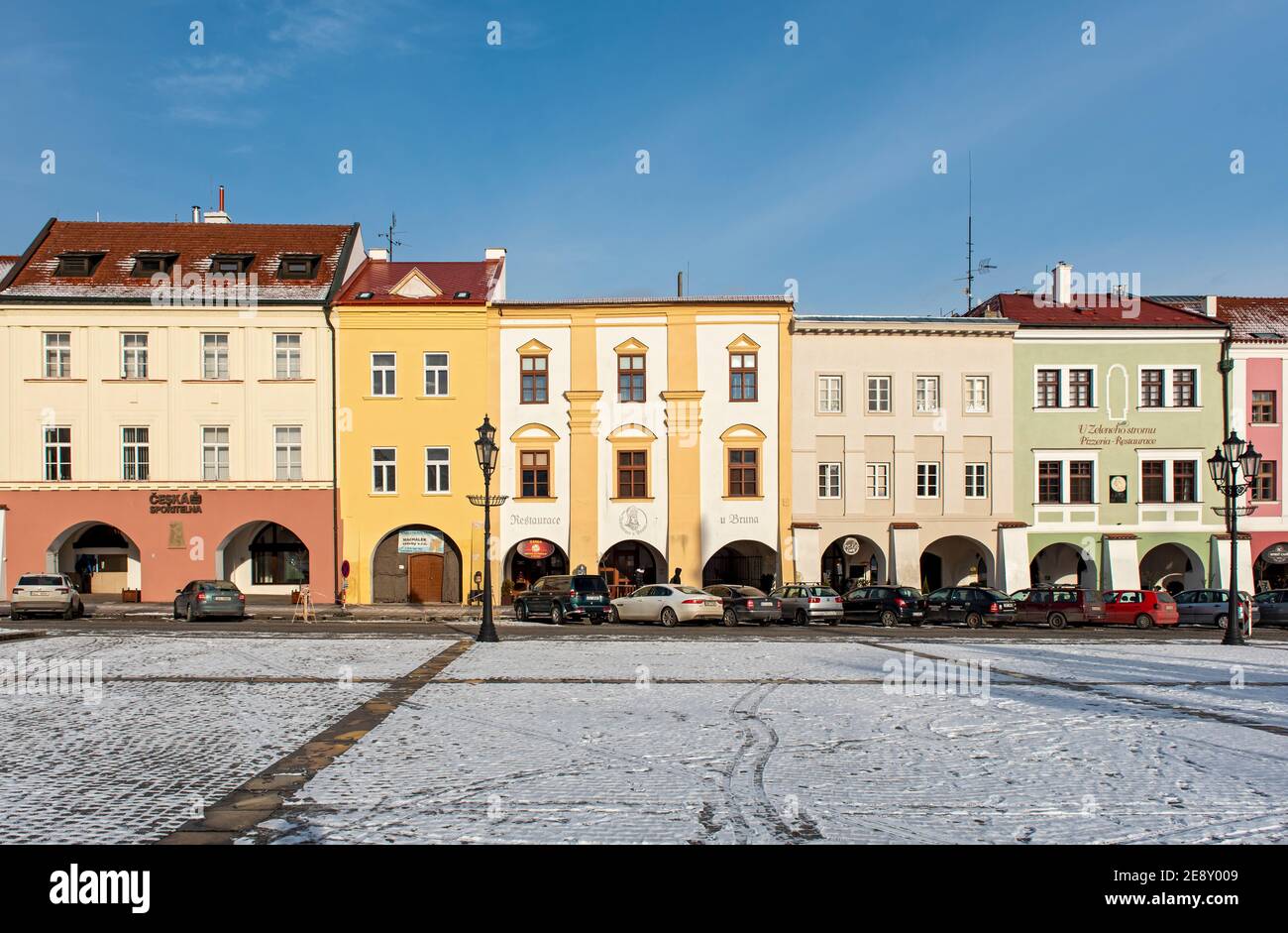 Case sulla piazza principale (Velké náměstí), Kroměříž (Kromeriz), Repubblica Ceca Foto Stock