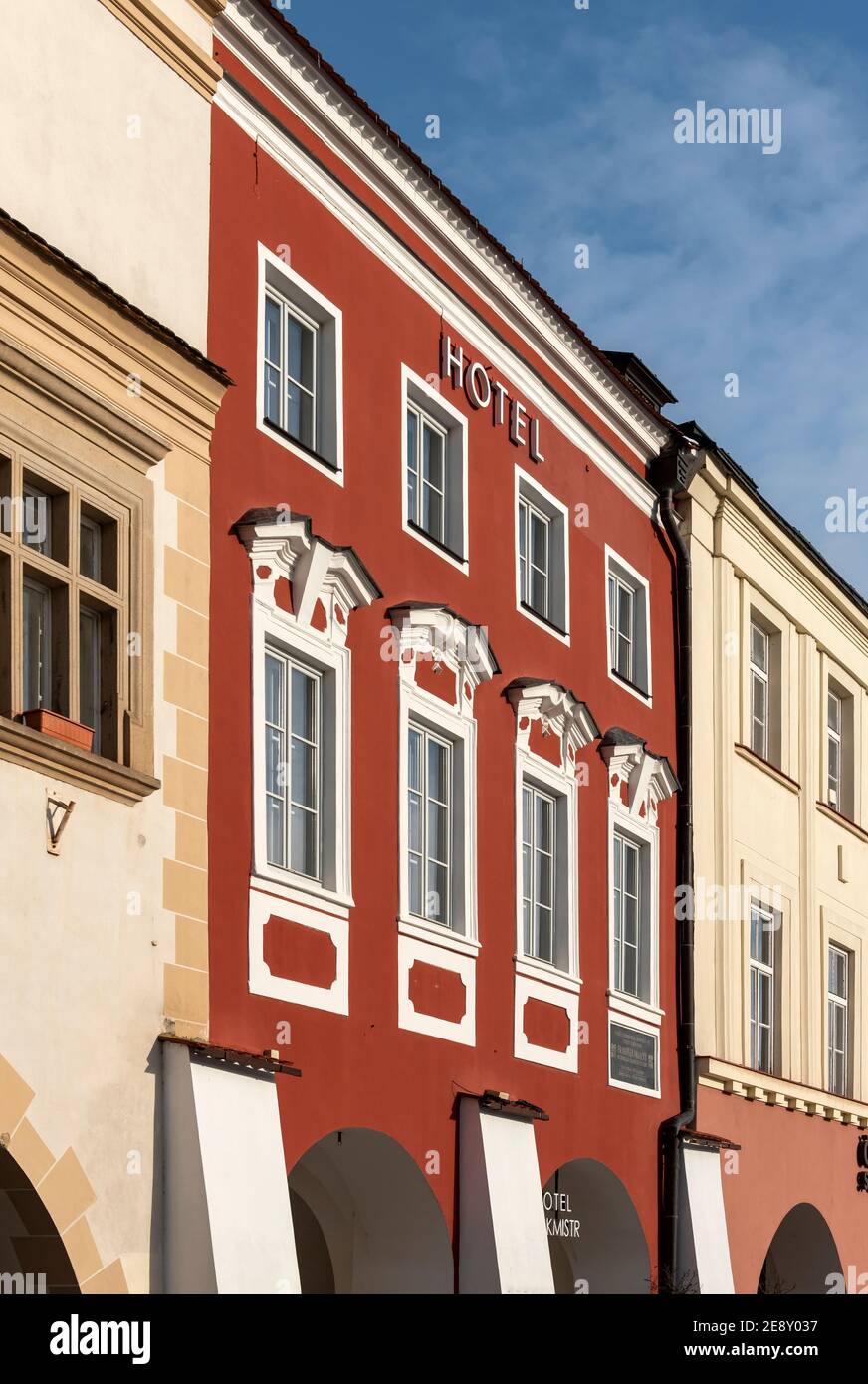 Case sulla piazza principale (Velké náměstí), Kroměříž (Kromeriz), Repubblica Ceca Foto Stock