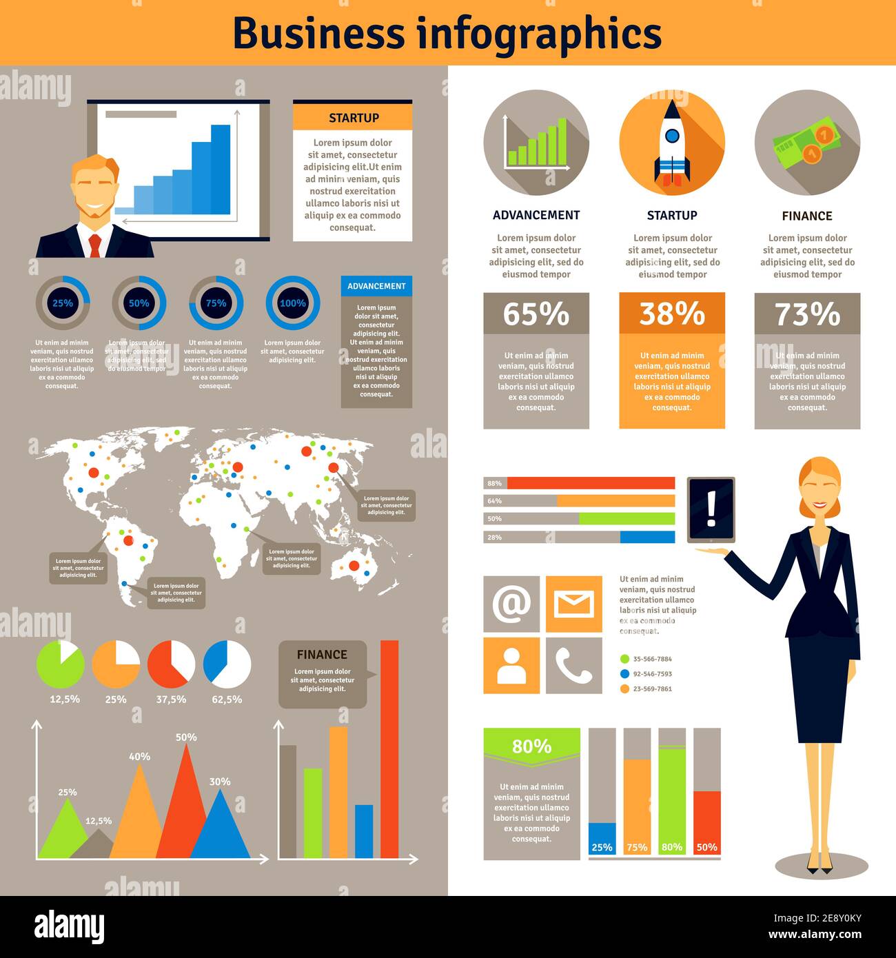 Nuovo business progetti di successo startup uomo donna statistica infografica 2 banner piatti imposta poster illustrazione vettoriale astratta Illustrazione Vettoriale