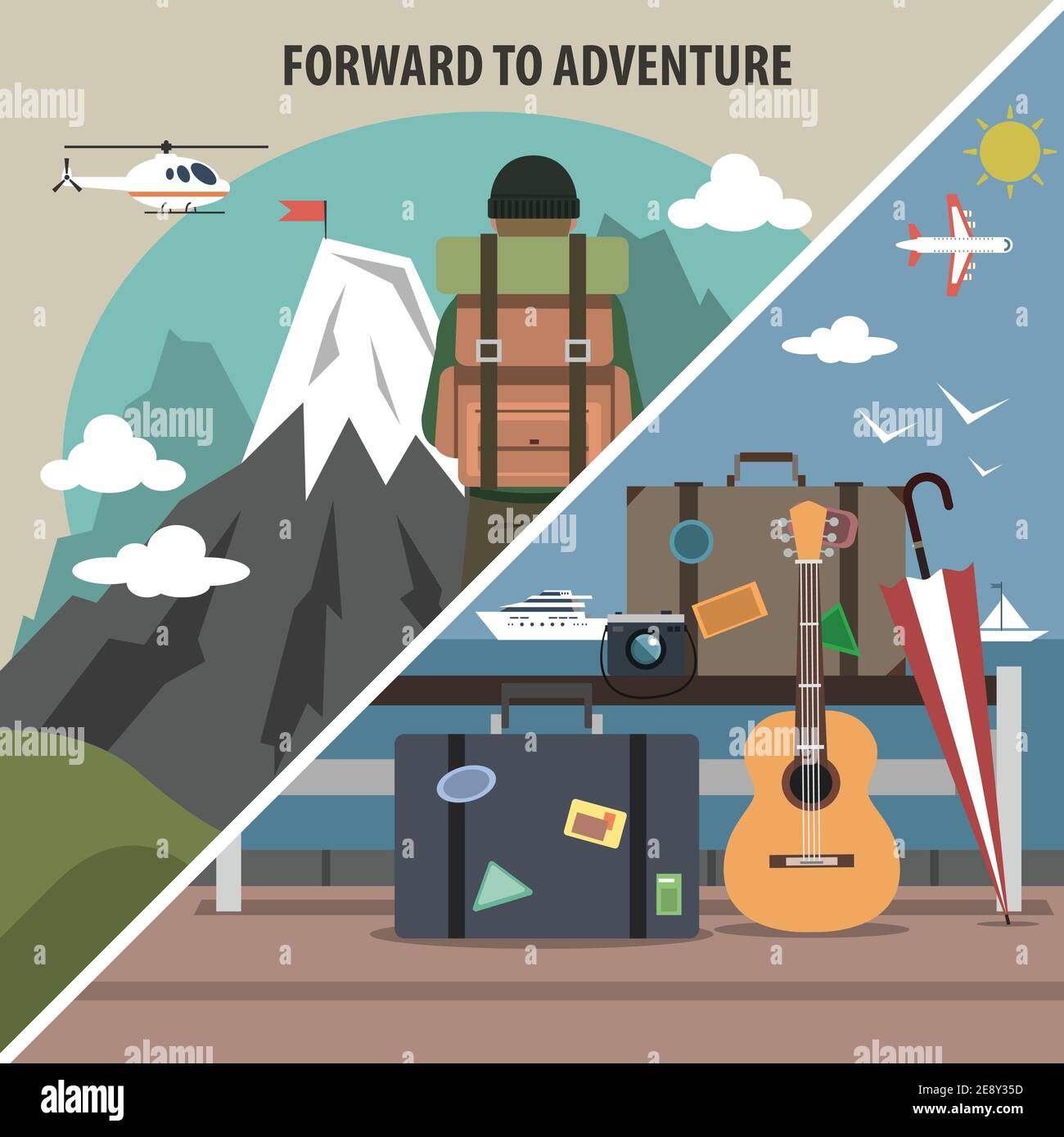 Pacchetti vacanza montagna e tour avventura compagnia di viaggio diagonale escursioni pittogrammi isolati banner piatto illustrazione vettoriale astratta Illustrazione Vettoriale