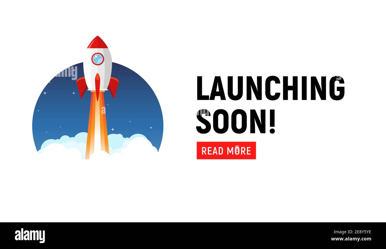 Lancio del modello di marketing store a breve. In arrivo banner volantino di annuncio. Illustrazione Vettoriale