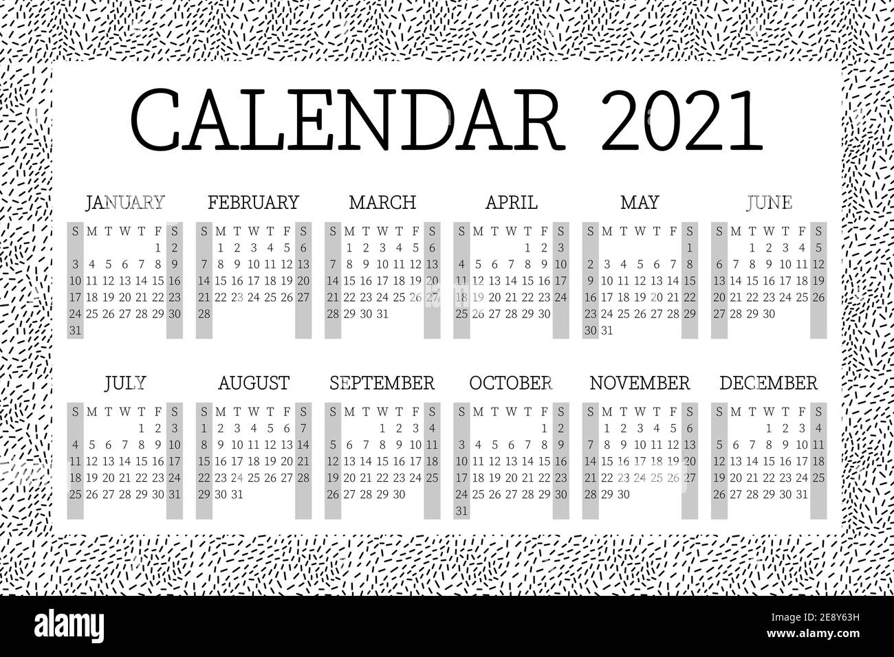 2021 calendario pianificatore con bordo. Сorporate settimana. Layout del modello, 12 mesi all'anno, sfondo bianco e nero. Design semplice per le aziende. Settimana Illustrazione Vettoriale