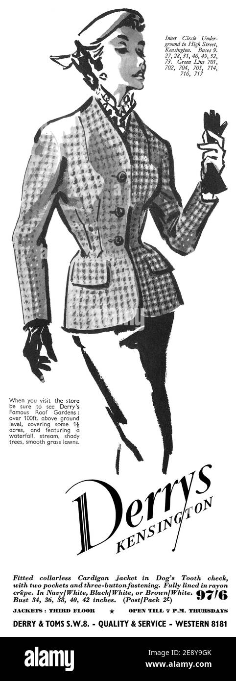 1954 Pubblicità britannica per i grandi magazzini Derry & Toms ad High Street Kensington, Londra. Foto Stock