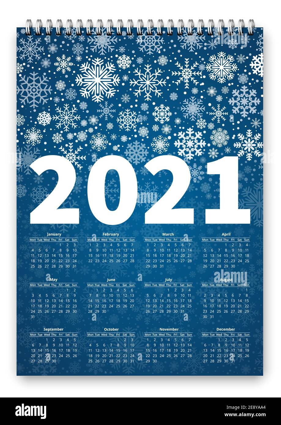 2021 Calendario Christmass, con anteprima di primavera, illustrazioni di fiocchi di neve d'inverno lunedi primo giorno della settimana Illustrazione Vettoriale