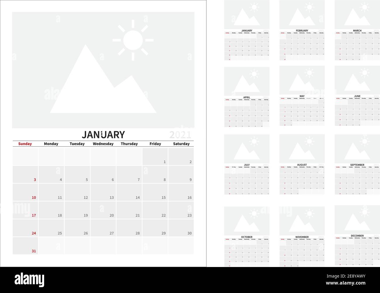 2021 Calendar Planner Scheduler, tutti i mesi, lettera USA, domenica primo giorno della settimana Illustrazione Vettoriale