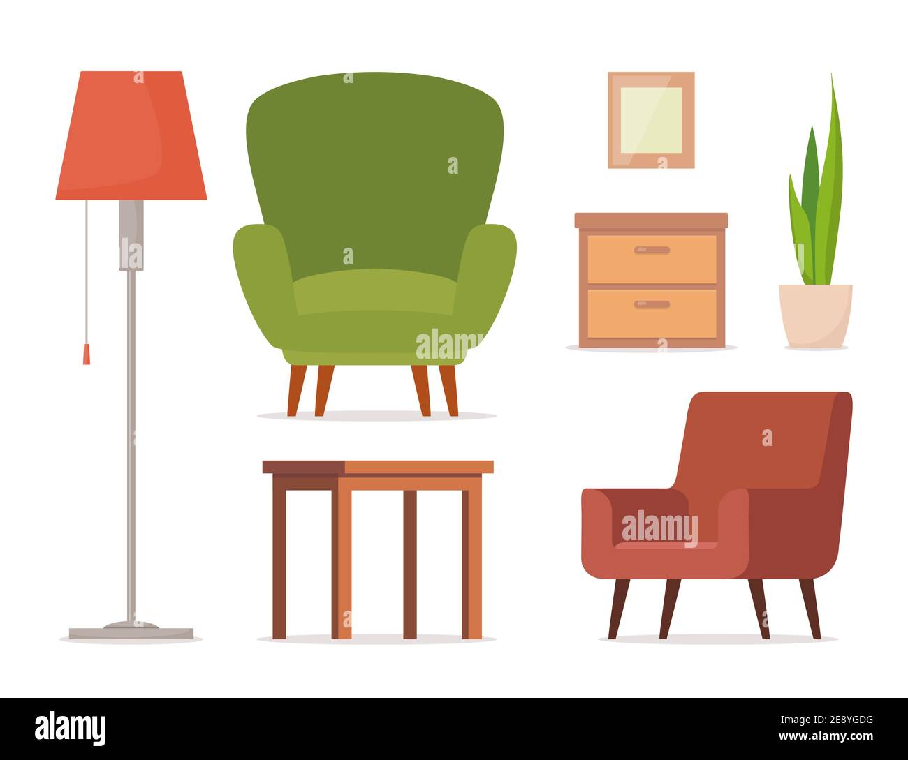 Set di mobili per soggiorni. Sedia, tavolo, lampada, armadietto, pianta in vaso. Set per interni soggiorno. Illustrazione vettoriale Illustrazione Vettoriale