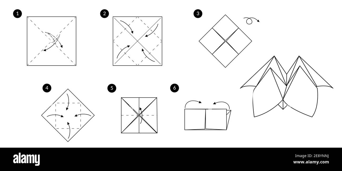 Tutorial come fare origami fortuna teller. Istruzioni dettagliate. Giocattolo di carta senza forbici. Illustrazione Vettoriale