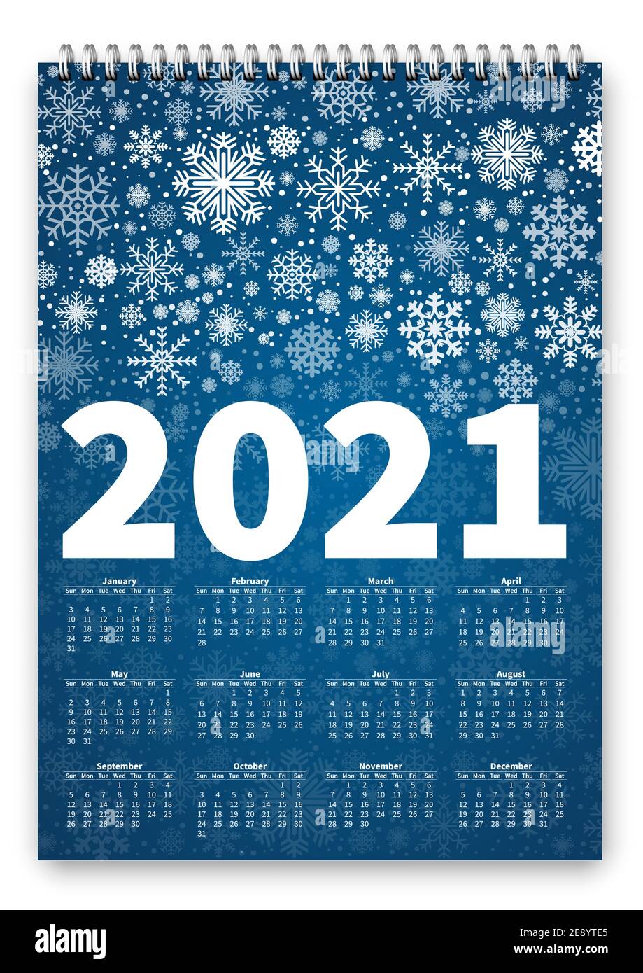 Calendario Christmass 2021, con anteprima di primavera, illustrazioni di fiocchi di neve invernali, stile USA, domenica primo giorno della settimana Illustrazione Vettoriale