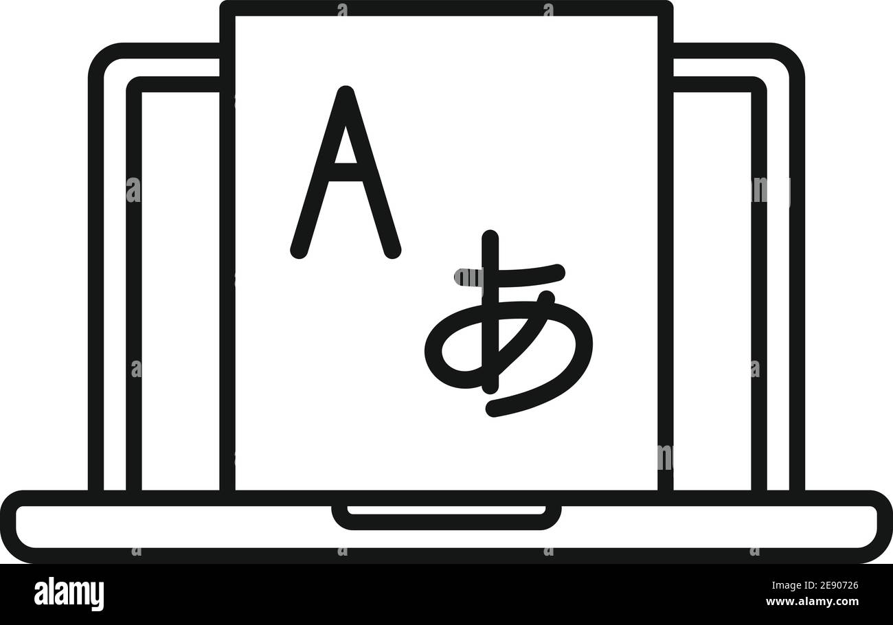 Icona di studio del portatile in lingua straniera, stile del contorno Illustrazione Vettoriale