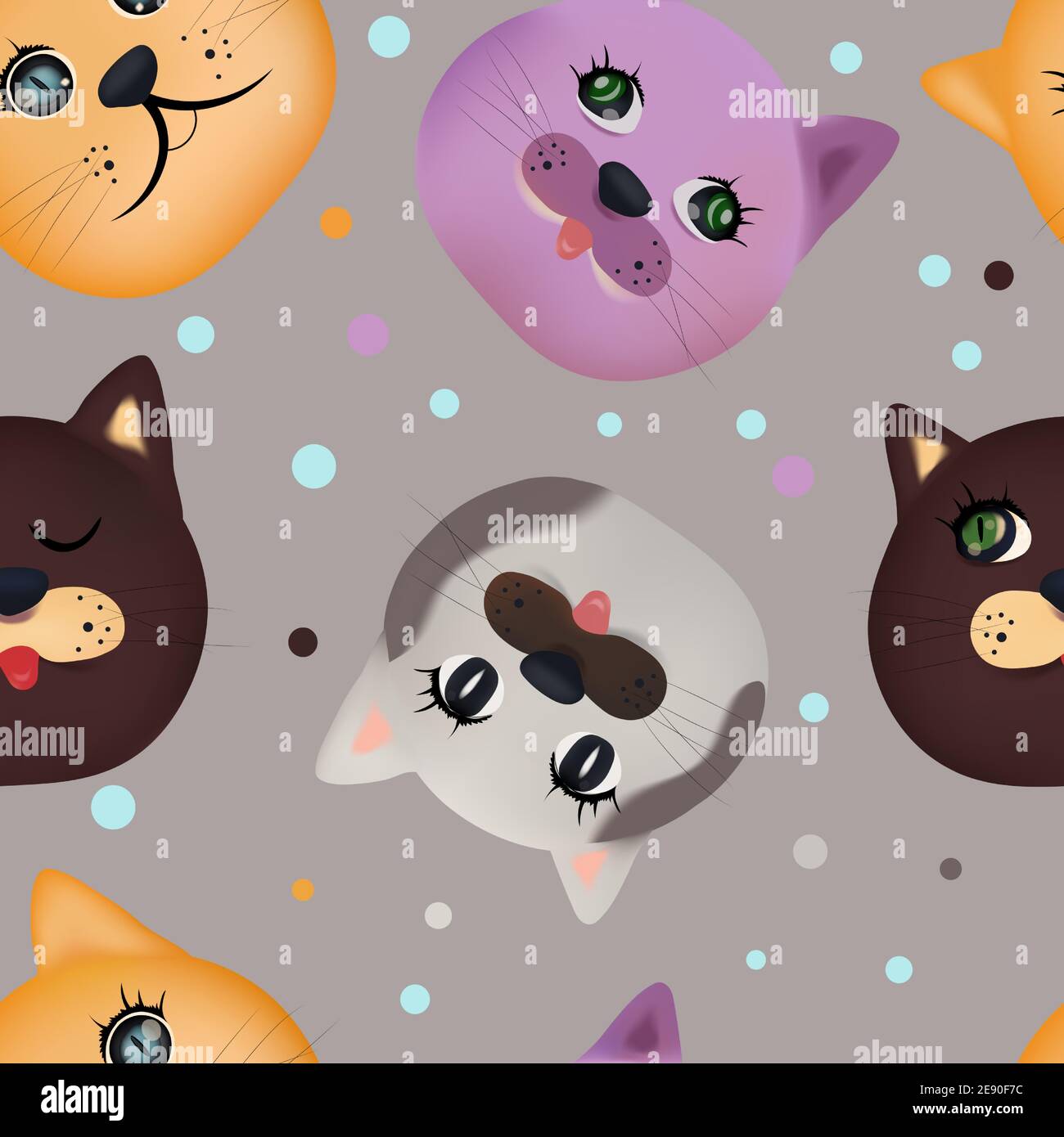 Colorati simpatici volti di gatto . Bellissimo motivo senza cuciture con cute faccia di gatto. Illustrazione vettoriale 3D. Illustrazione Vettoriale