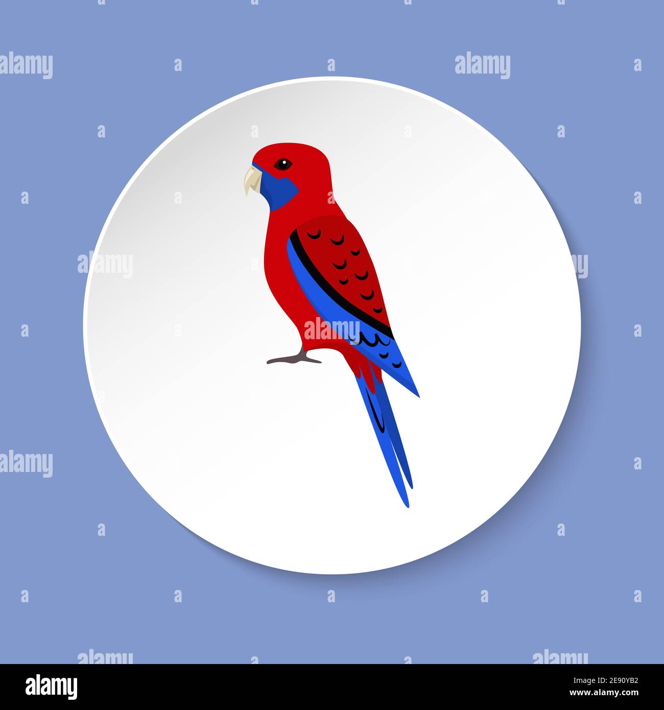 Icona del pappagallo di Crimson rosella in stile piatto sul bottone rotondo. Australiano simbolo di uccello tropicale isolato. Illustrazione Vettoriale