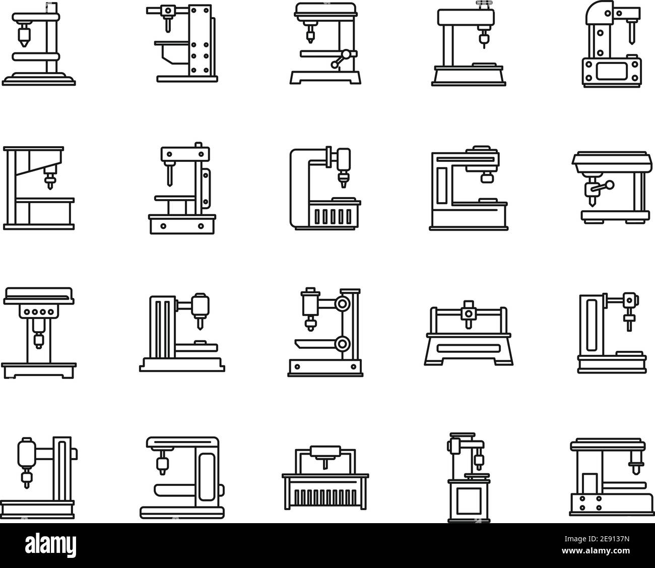Set di icone del dispositivo della fresatrice, stile del contorno Illustrazione Vettoriale