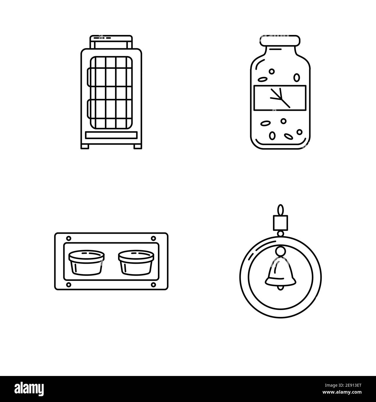 Set di accessori per pappagallo, canarino o altro uccello in gabbia. Raccolta di forniture per animali domestici in linea sottile. Illustrazione Vettoriale