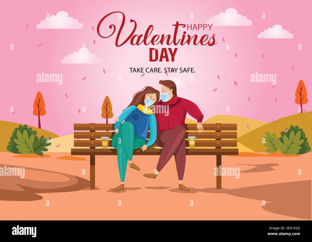 Carino coppia seduta su panca. Buon giorno valentines illustrazione vettoriale con bellissimo paesaggio. Covid corona virus concetto Illustrazione Vettoriale