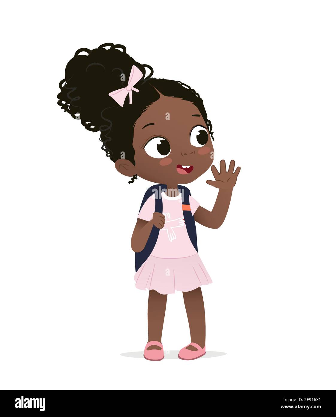 Sorridente ragazza afroamericana saluto sventolando mano e dicendo Ciao Illustrazione Vettoriale