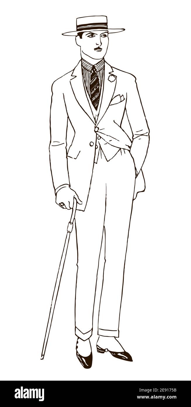 Uomo alla moda degli anni 20 con una mano in tasca, vestito