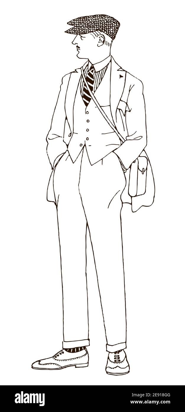 Uomo elegante degli anni 20 con le mani in tasca, vestito, cappuccio e  borsa a spalla Immagine e Vettoriale - Alamy