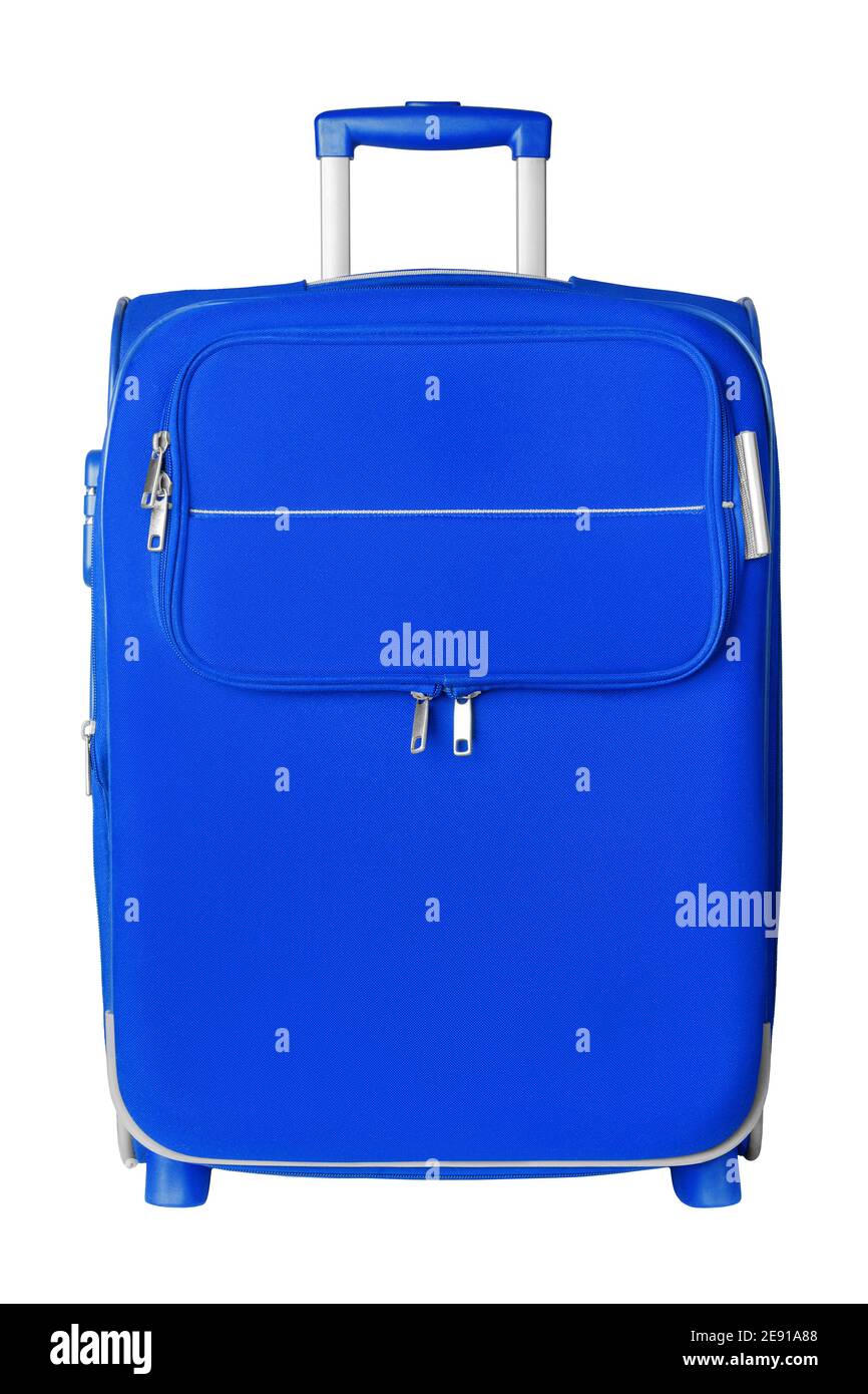 Valigia da viaggio in tessuto blu, cerniera, maniglia, lucchetto con sfondo  bianco, vista frontale ravvicinata isolata, valigia grande, borsa grande in  tessuto per il trasporto bagagli Foto stock - Alamy