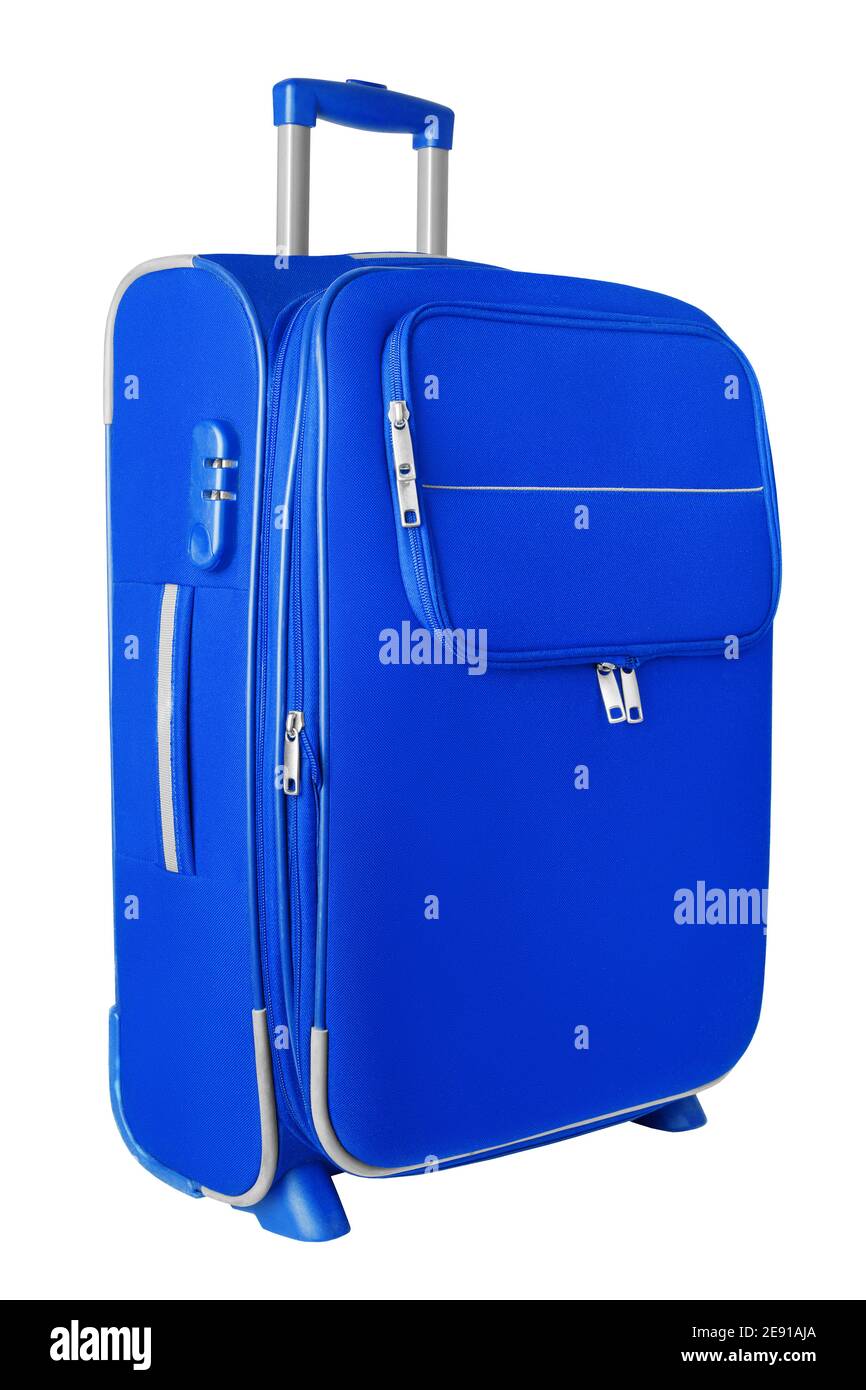 Valigia da viaggio in tessuto blu, cerniera, maniglia, lucchetto con sfondo  bianco, vista laterale ravvicinata isolata, valigia grande, borsa grande in  tessuto per il trasporto bagagli Foto stock - Alamy