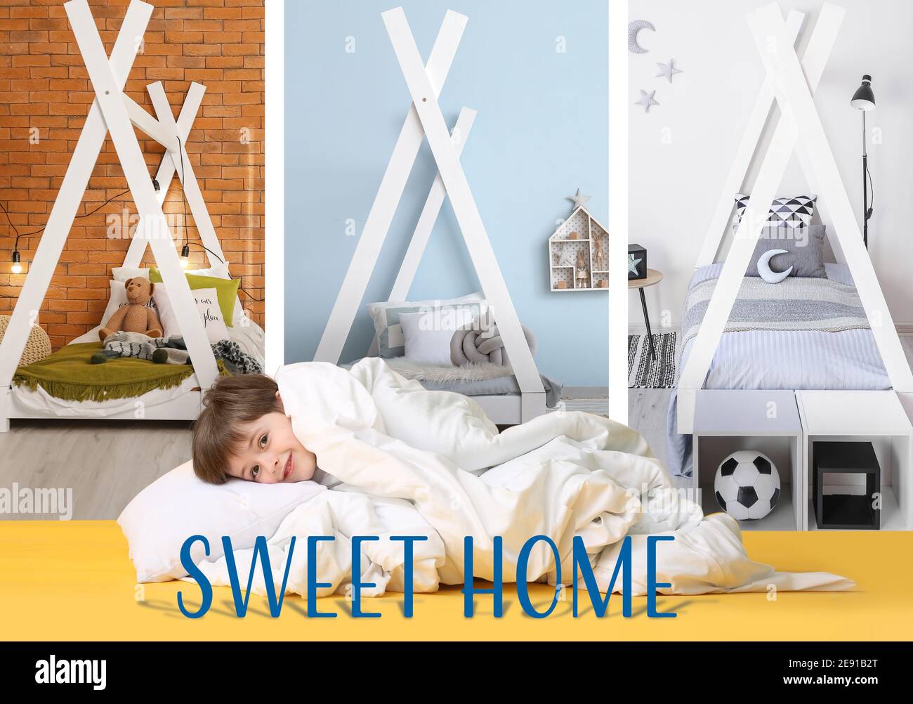 Collage di diversi interni eleganti della camera da letto e del ragazzino avvolti in coperta Foto Stock