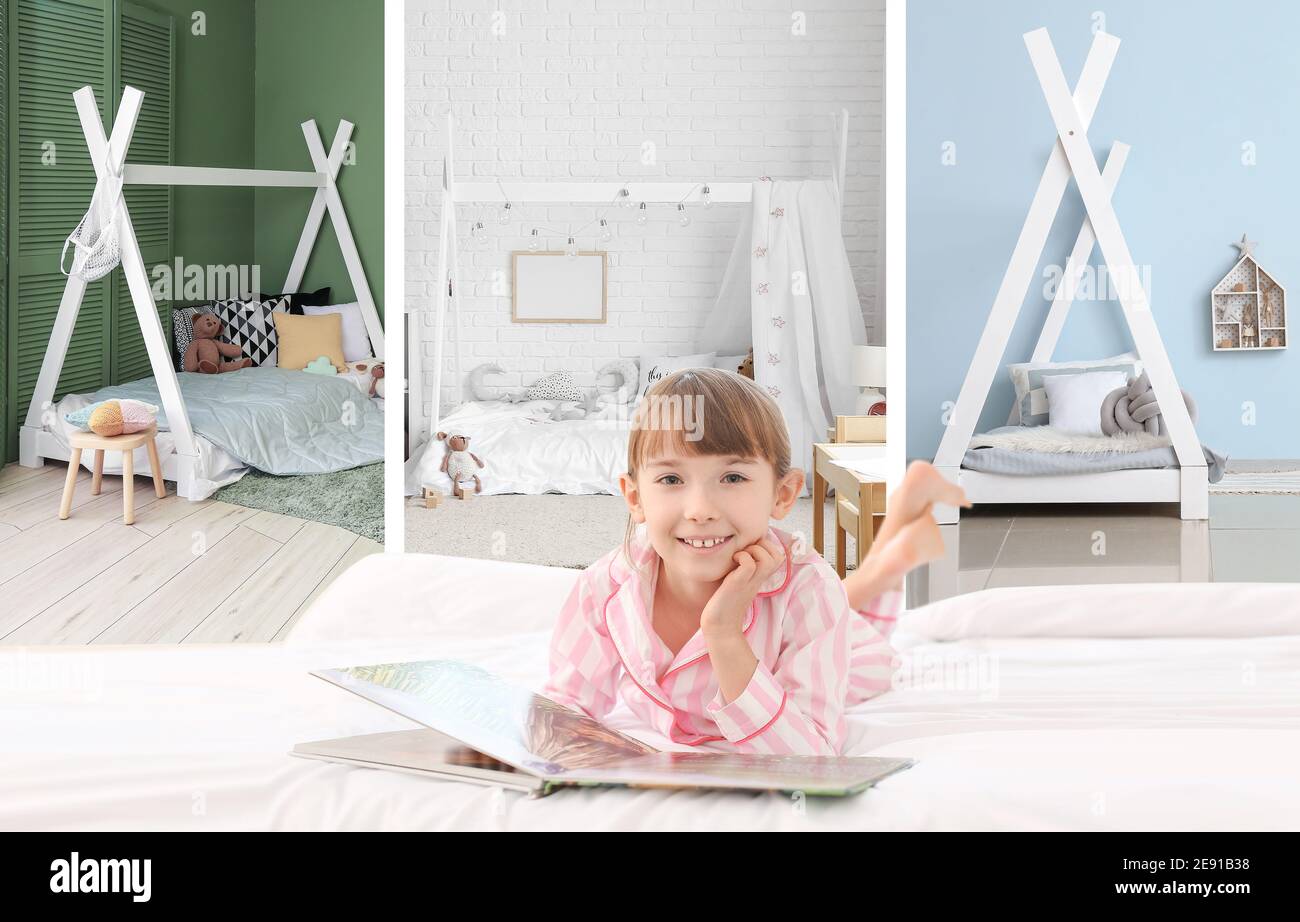 Collage di diversi interni eleganti di camera da letto e bambina libro di lettura Foto Stock