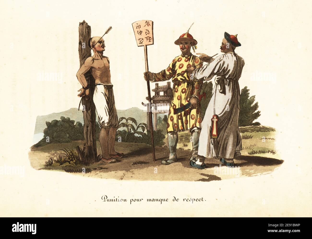 Punizione cinese per l'insolenza ad un superiore, 18 ° secolo. L'uomo è schiacciato con pantzee o bastone di bambù e poi fissato ad un palo dal suo orecchio con una freccia. Un ufficiale di polizia tiene un bordo dipinto con il crimine e un mandarino orologi con tubo di tabacco. La punizione con la freccia. Punition pour manque de RESPECT. Incisione a mano su copperplate dopo un'illustrazione di William Alexander da J-B. Eyries’ la Chine: Costumi, Moeurs et Usages des Chinois, Cina: Costumi, maniere e Mores dei Cinesi, Librairie de Gide Fils, Parigi, 1822. Jean-Baptiste Eyries (1767-1846) è stato un geograp francese Foto Stock
