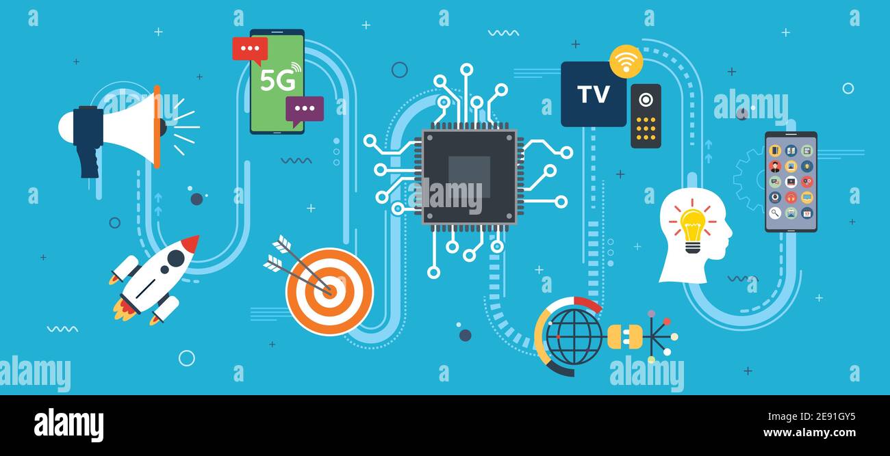 Internet delle cose e EDGE Computing. Connessione ad alta velocità e 5G. Analisi e gestione dei dati. Icona design in vettore di razzo, TV, chip, megafono Illustrazione Vettoriale