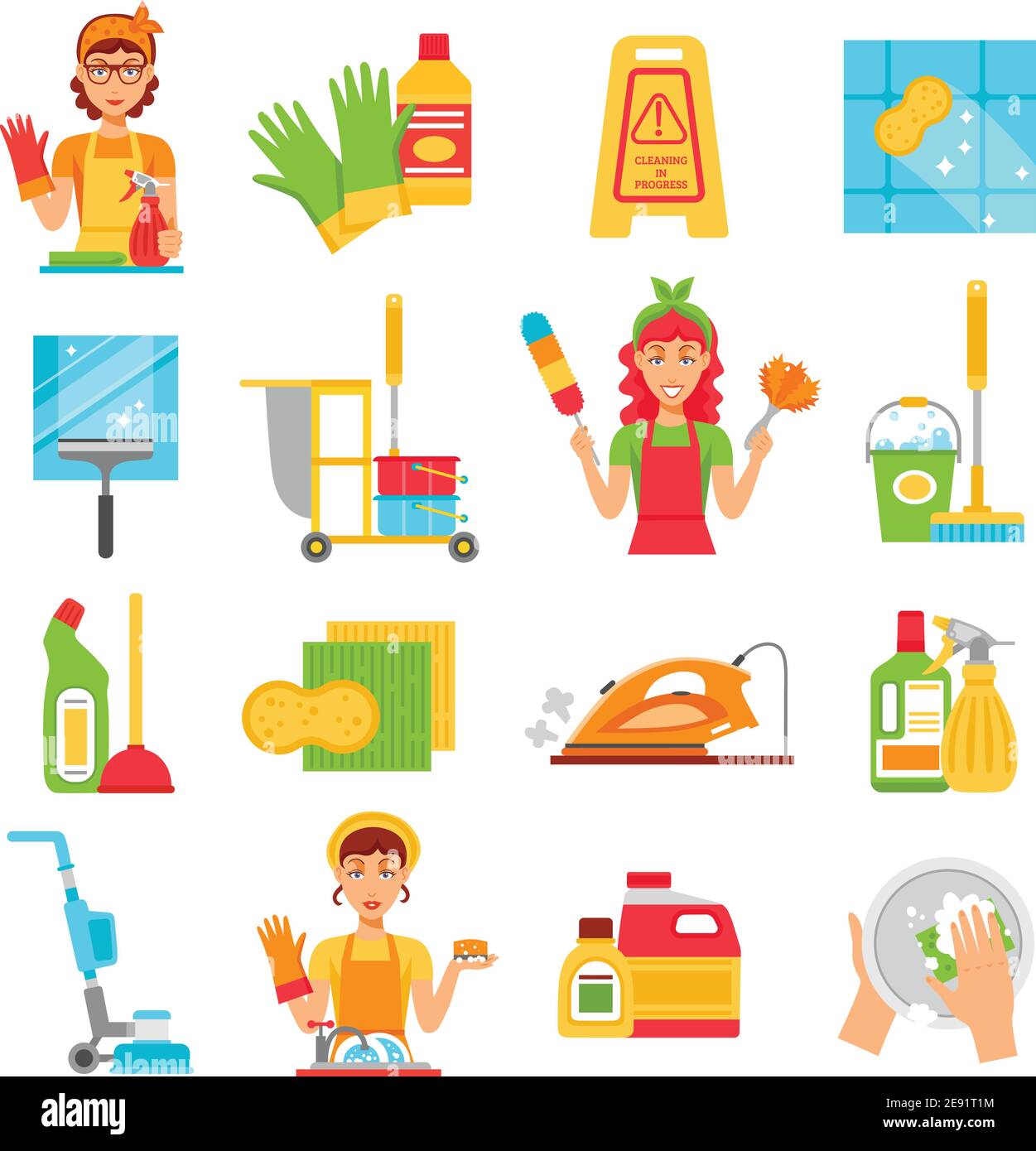 Set di icone del servizio di pulizia con diversi tipi di materiale pulito e donne lavoratori sul posto di lavoro illustrazione vettoriale Illustrazione Vettoriale