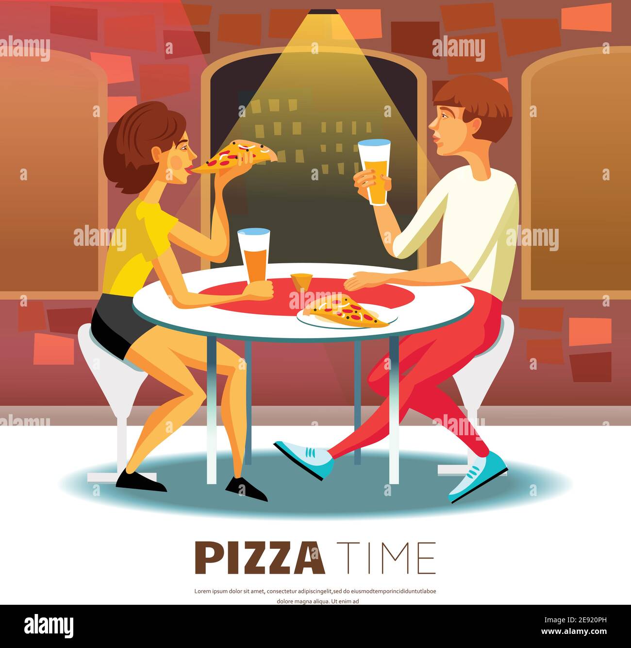 Pizza tempo sfondo. Mangiare fuori Vector Illustration. Pizza Time Design. Pizzeria Cartoon simboli decorativi. Illustrazione Vettoriale